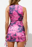 Fashion Street Tie Dye Draw String O Neck Wrapped Skirt Dresses