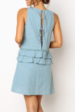 Casual Solid Backless Flounce O Neck A Line Dresses