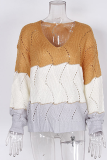 Casual Patchwork Hollowed Out Contrast V Neck Tops Sweater