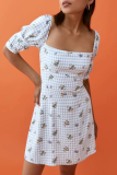 Fashion Elegant Plaid Floral Split Joint Square Collar A Line Dresses