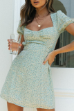 Sweet Print Backless Fold With Bow Square Collar Waist Skirt Dresses