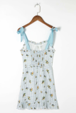Sweet Plaid Floral Frenulum Flounce A Line Dresses