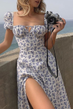 Sweet Floral Frenulum High Opening Square Collar A Line Dresses