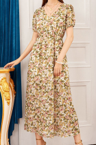 Elegant Floral Split Joint V Neck Dresses