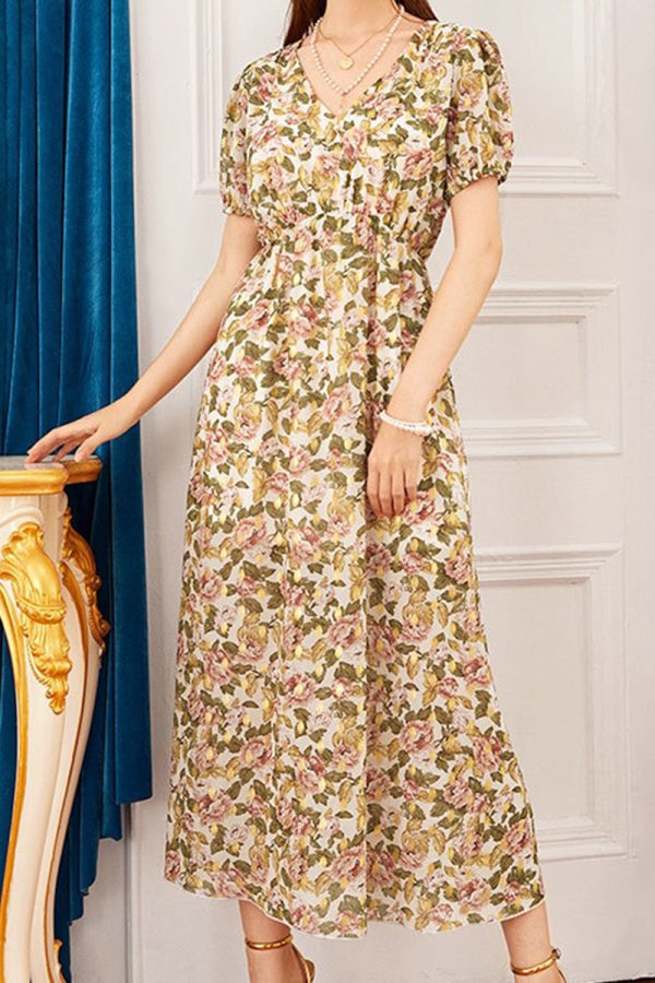 Elegant Floral Split Joint V Neck Dresses