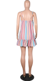 Fashion Casual Striped Buckle Flounce V Neck A Line Dresses