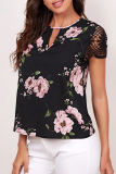 Casual Elegant Floral Lace Split Joint O Neck Tops