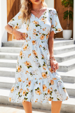Casual Elegant Floral Buckle Flounce V Neck A Line Dresses
