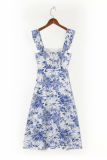 Vintage Elegant Floral Flounce Slit Square Collar A Line Dresses