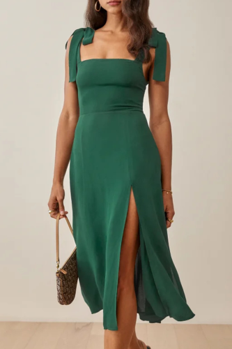 Elegant Solid Slit Strap Design Waist Skirt Dresses