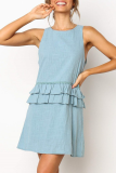 Casual Solid Backless Flounce O Neck A Line Dresses