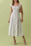 Fashion Elegant Floral Split Joint Flounce Square Collar Waist Skirt Dresses