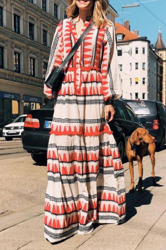 Bohemian Print Split Joint Buckle V Neck A Line Dresses