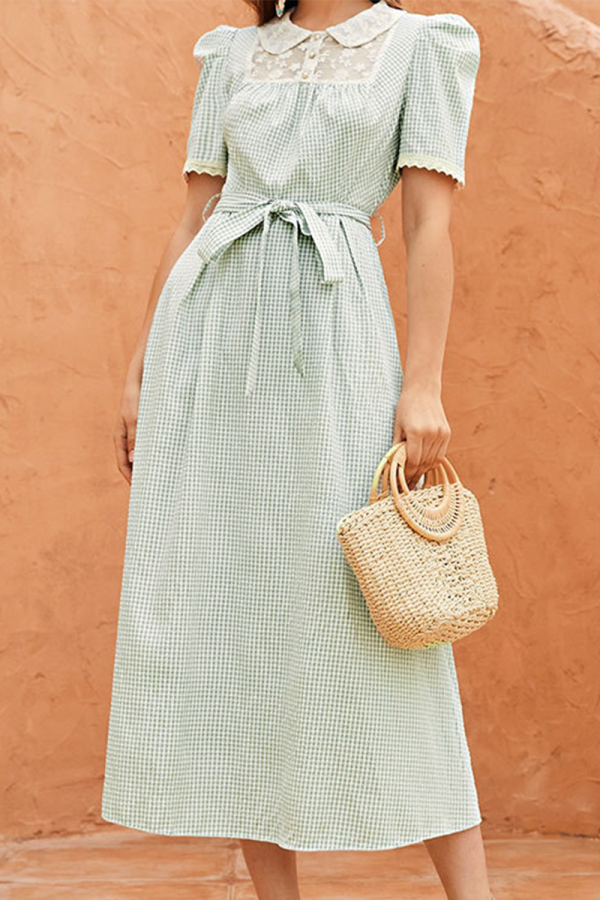 Elegant Plaid Lace With Belt Peter Pan Collar A Line Dresses