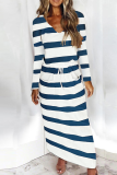 Casual Striped Draw String Pocket V Neck Dresses
