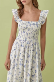 Fashion Elegant Floral Split Joint Flounce Square Collar Waist Skirt Dresses