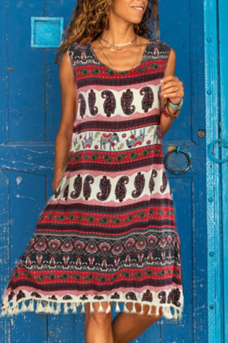 Fashion Casual Print Tassel O Neck A Line Dresses
