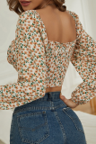 Street Vintage Floral Frenulum Fold Square Collar Tops