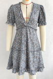 Casual Elegant Print Split Joint Stringy Selvedge V Neck A Line Dresses