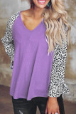 Fashion Casual Leopard Split Joint V Neck T-Shirts