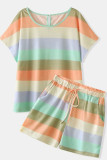 Fashion Casual Striped Split Joint O Neck Short Sleeve Two Pieces