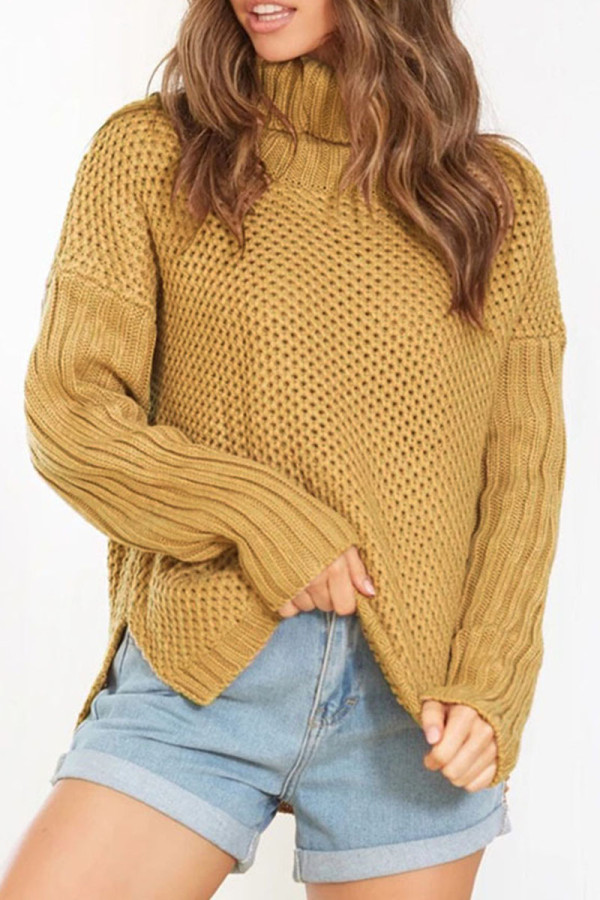 Fashion Casual Solid Split Joint Turtleneck Tops