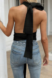Fashion Street Solid Backless O Neck Tops
