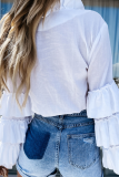 Casual Solid Buckle Flounce Lotus Leaf Collar Tops