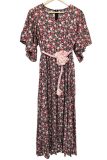 Celebrities Floral Split Joint With Belt V Neck A Line Dresses