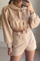 Casual Solid Split Joint Draw String Hooded Collar Long Sleeve Two Pieces