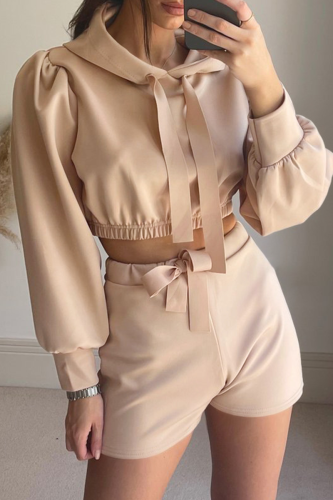 Casual Solid Split Joint Draw String Hooded Collar Long Sleeve Two Pieces