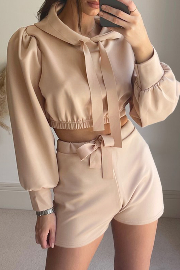 Casual Solid Split Joint Draw String Hooded Collar Long Sleeve Two Pieces
