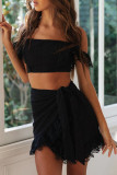 Fashion Street Solid Split Joint Strapless Short Sleeve Two Pieces