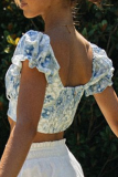 Fashion Print Frenulum Backless V Neck Tops