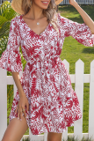 Sweet Print Bandage Buttons V Neck A Line Dresses