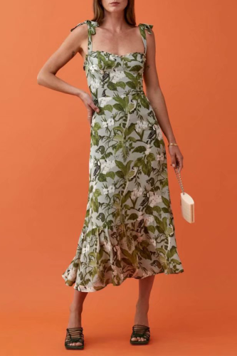 Fashion Elegant Floral Split Joint Flounce Strapless A Line Dresses