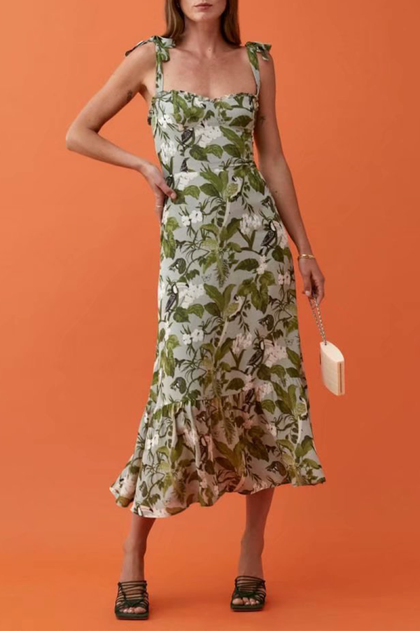 Fashion Elegant Floral Split Joint Flounce Strapless A Line Dresses