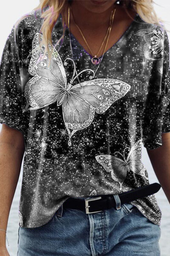 Casual Street Print Butterfly Print Basic V Neck T-Shirts