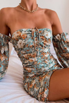 Fashion Sexy Print Frenulum Off the Shoulder Wrapped Skirt Dresses