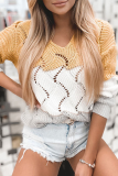Casual Patchwork Hollowed Out Contrast V Neck Tops Sweater
