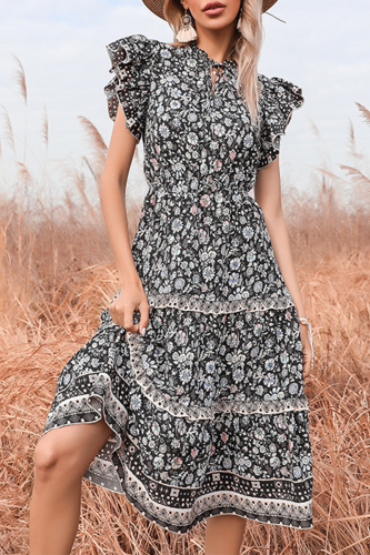Elegant Floral Split Joint Frenulum Stringy Selvedge V Neck A Line Dresses