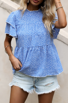 Fashion Elegant Print Split Joint Flounce O Neck Tops