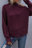 Casual Solid Ripped Turtleneck Tops Sweater