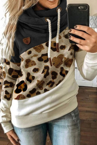 Fashion Casual Leopard Split Joint Hooded Collar Tops