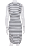 Elegant Striped Split Joint With Belt V Neck Wrapped Skirt Dresses