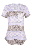 Casual Street Print Leopard Pocket V Neck T-Shirts