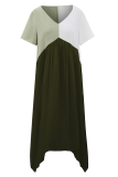 Casual Patchwork Fold Contrast V Neck Irregular Dress Dresses