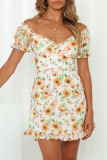 Fashion Sweet Print Split Joint V Neck A Line Dresses