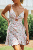 Fashion Print Hollowed Out V Neck A Line Dresses