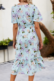 Casual Elegant Floral Buckle Flounce V Neck A Line Dresses